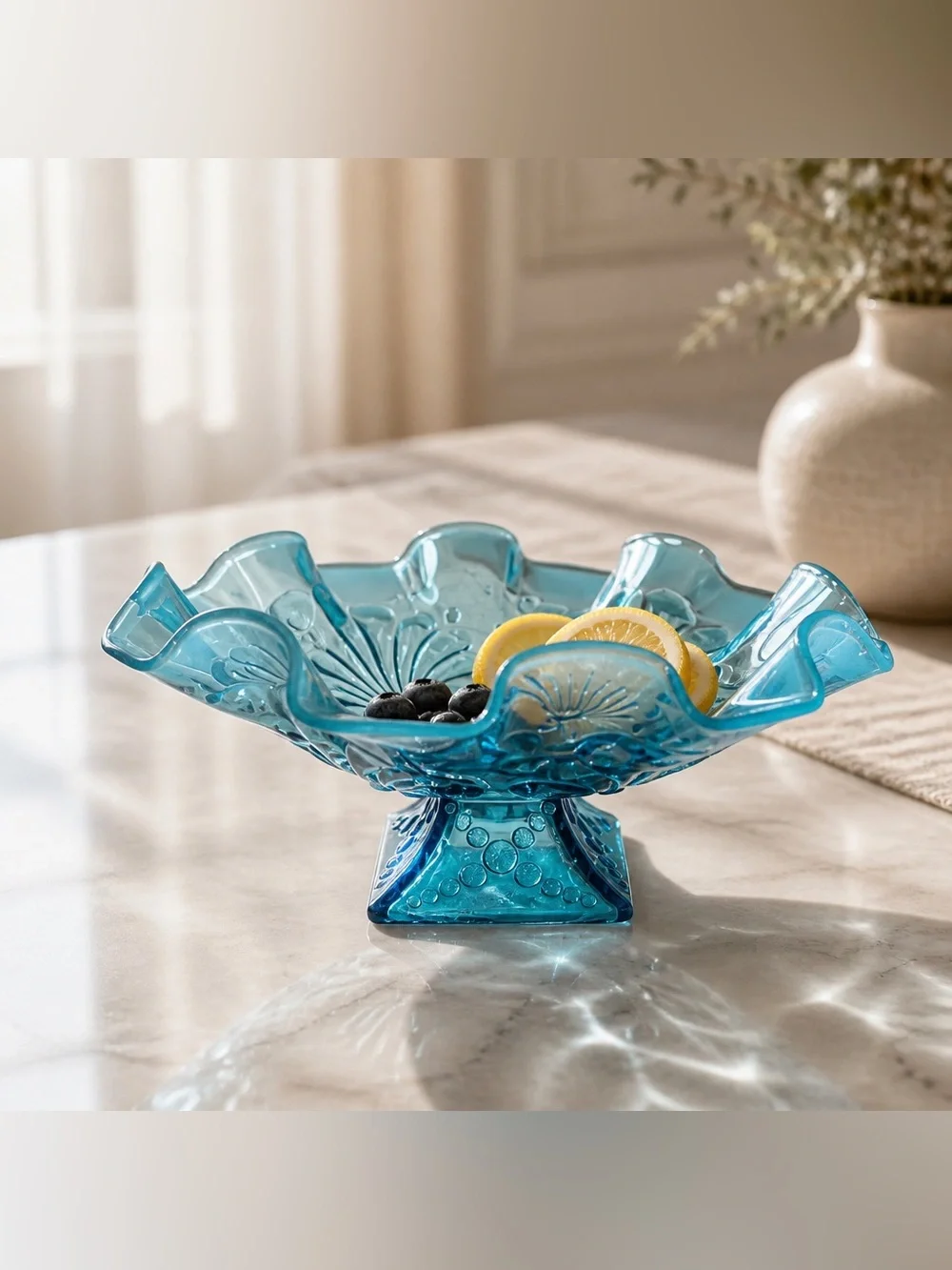 Jefferson Glass opalescent blue glass bowl ruffled edge intricate floral pattern